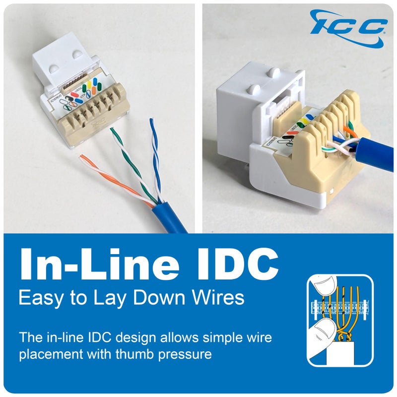 ICC Voice Grade Telephone Keystone Jack with Inline IDC (Easier Termination), 6P6C RJ11, UL Listed TAA Compliant for Wall Plate or Patch Panel, Works with JackEasy Termination Tool, White 25 Pack - Image 2